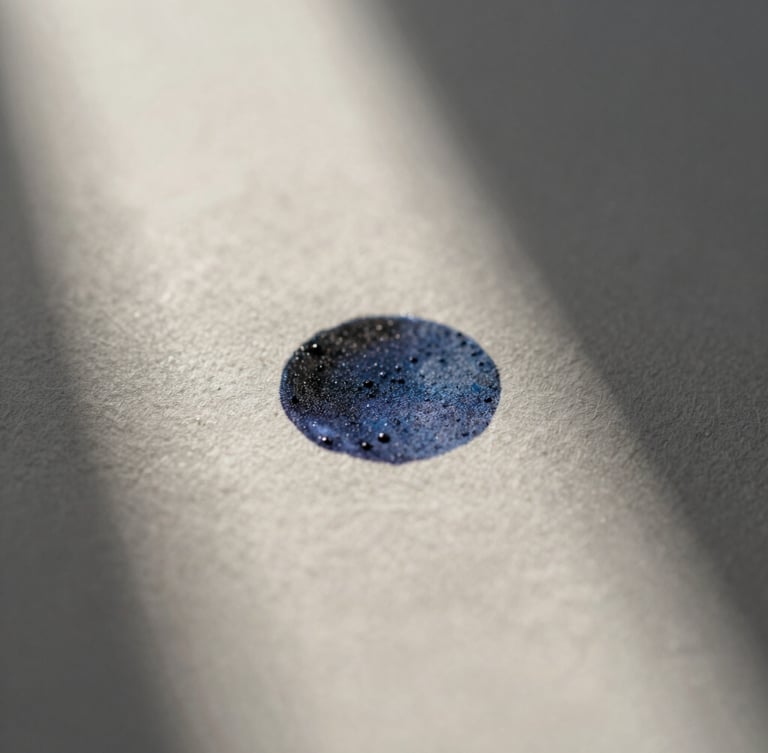 Extreme macro close-up of printed ink on heavy textured paper, soft natural morning light, low-contrast shadows.