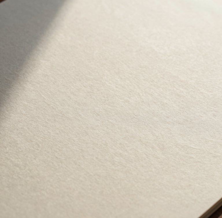 A wide, quiet macro photograph of printed black ink on textured cream paper, soft overcast daylight casting low-contrast shadows, showing the tactile grain of the paper.