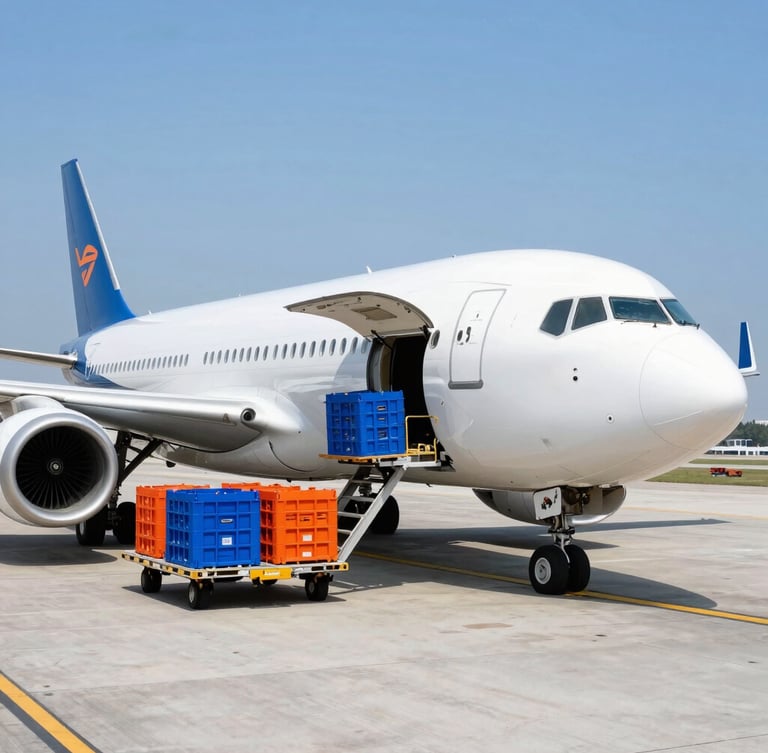 A commercial freight aircraft parked on a bright runway under crisp daylight, loading nose-door cargo crates with high-contrast blue and orange logistics equipment.