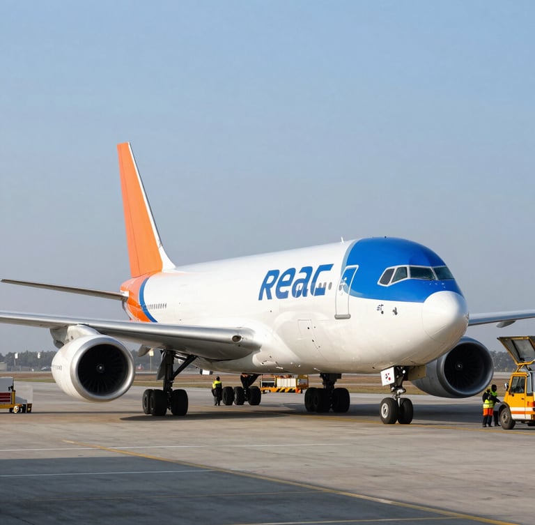 A modern commercial cargo aircraft parked on a bright runway during crisp morning light, logistics crew preparing loading operations in the background