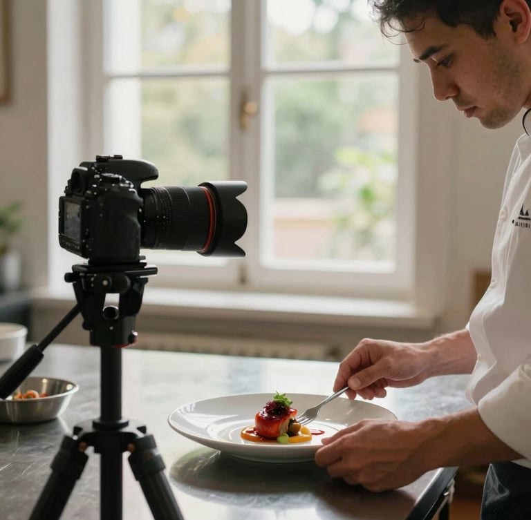 A professional camera on a tripod capturing a chef plating a dish in a bright kitchen, natural window light, 35mm