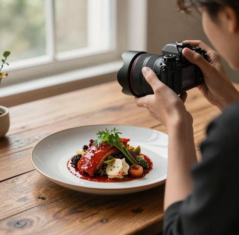 Over-the-shoulder shot of a photographer adjusting a camera lens over a beautifully plated seasonal dish on a rustic wooden table, soft natural window light, warm crimson tones, 35mm