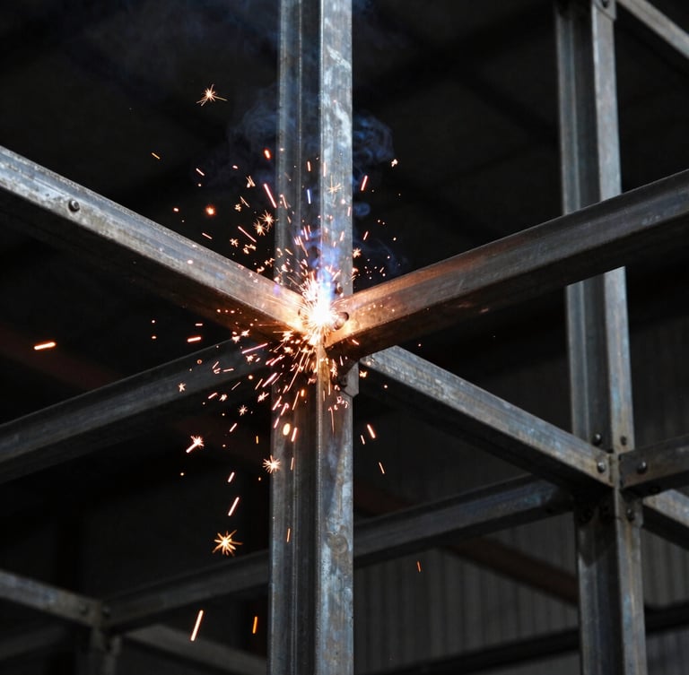 Close-up of structural welding on heavy metal framing, bright orange sparks flying, dark industrial background, dramatic shadows.