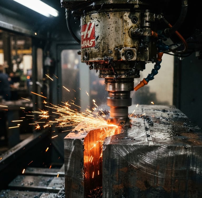 Close-up of a heavy industrial CNC milling machine head cutting through structural steel, high-contrast lighting with orange sparks, metallic steel tones, sharp focus, 50mm lens