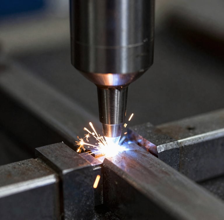 Macro close-up of a steel weld being tested with ultrasonic probe, high-contrast industrial lighting, metallic steel tones, sharp focus, 50mm lens