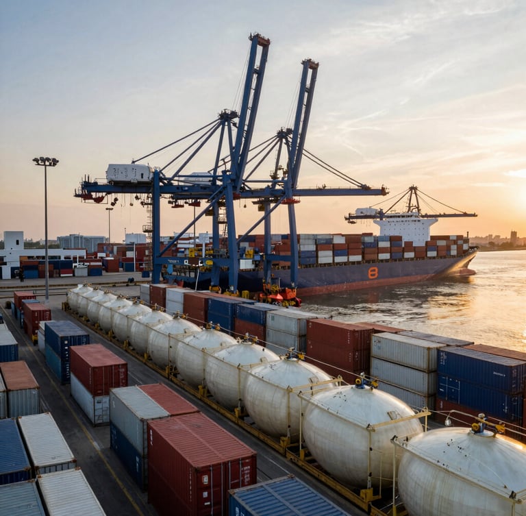 Wide-angle industrial port terminal at golden hour, rows of shipping containers and flexitanks being loaded onto a container vessel, water reflecting steel cranes.