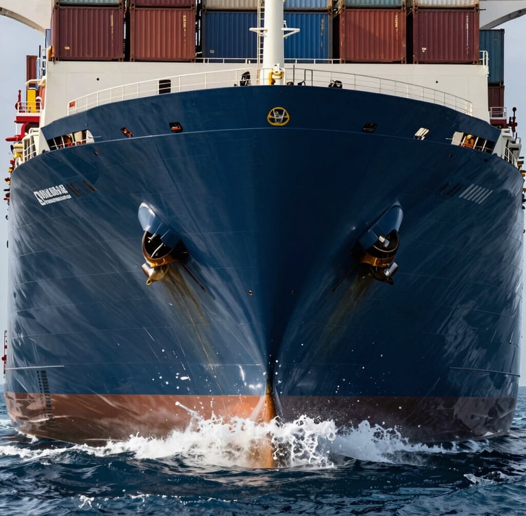 Extreme close-up of a massive container vessel bow slicing through dark blue water, high-contrast cool industrial lighting, sharp metal textures.
