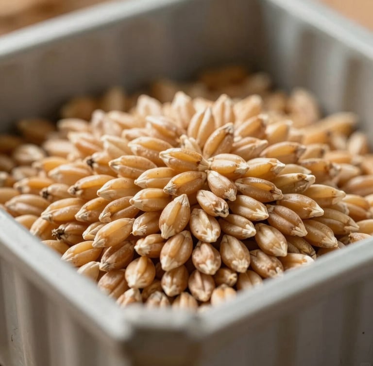 Close-up macro shot of raw golden wheat kernels piled inside a clean cargo container, sharp side lighting highlighting texture and purity.