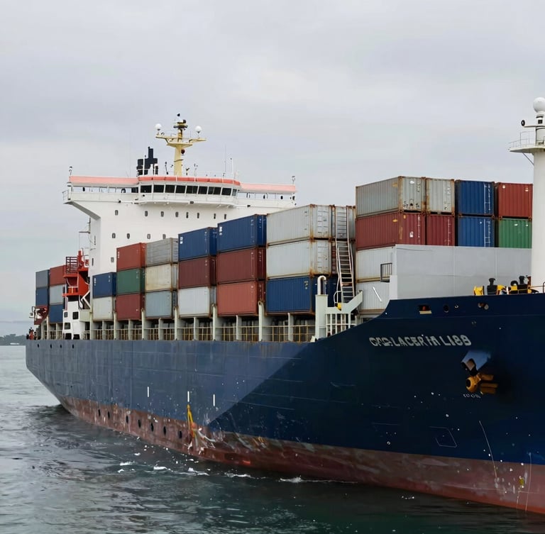 A massive container vessel loading refrigerated cargo at a deep-water port, cool industrial overcast daylight, high-contrast composition