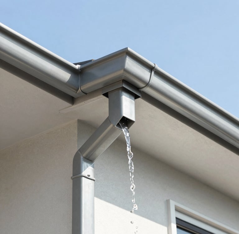 Close-up of clean metal gutters on a modern suburban house, clear water flowing cleanly through a downspout, bright natural daylight
