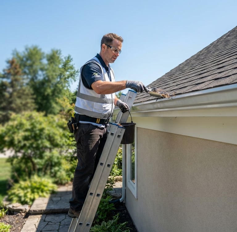 Medium shot of a professional technician in a branded safety vest on a secure ladder cleaning a clean metal gutter, bright natural daylight, clear blue sky, crisp commercial photography.