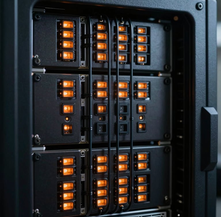 Macro shot of high-performance server rack architecture, sharp orange LED indicators, deep shadows, vertical technical lines