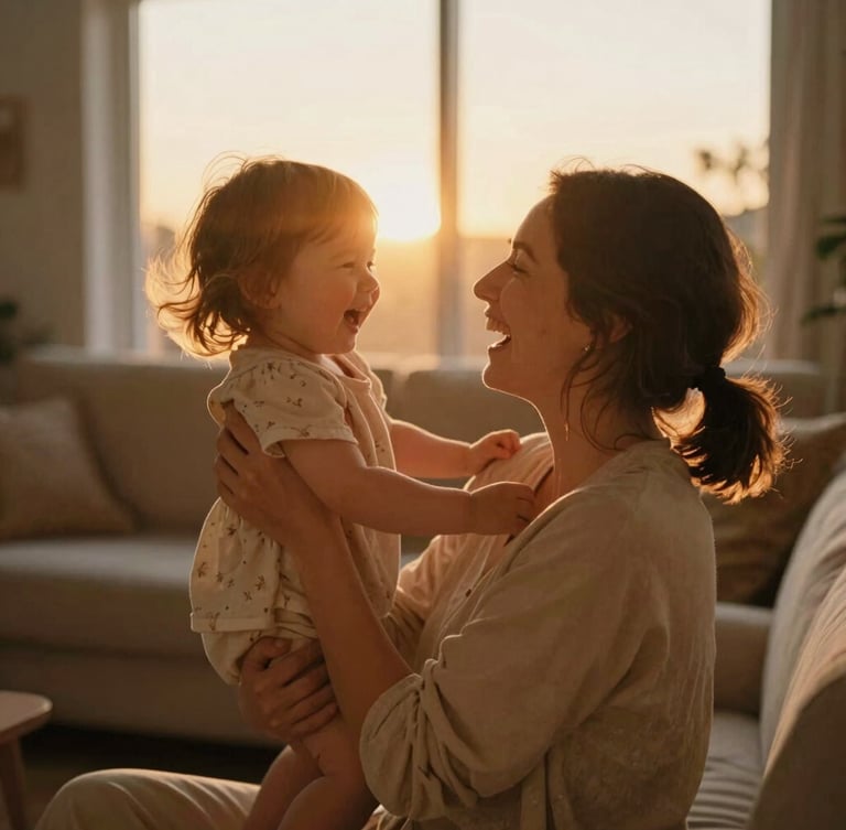 A mother holding her toddler daughter, both laughing as they are backlit by warm golden sunset light in a cozy living room, natural movement, cinematic film grain
