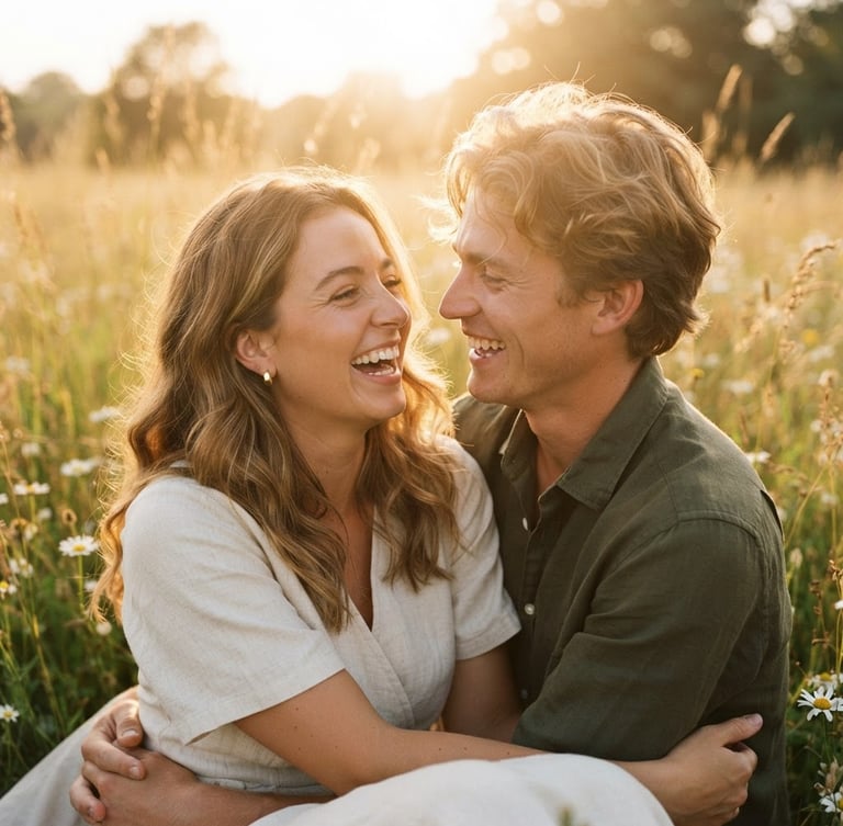 Close-up cinematic shot of a young couple laughing together in a sun-drenched meadow, warm golden-hour light filtering through their hair, soft focus, 35mm film style