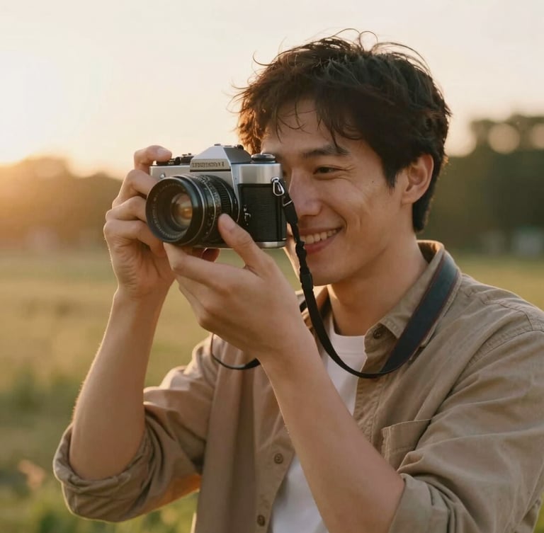 Candid portrait of a friendly male photographer holding a vintage film camera, warm golden-hour backlighting, soft natural background, smiling genuinely