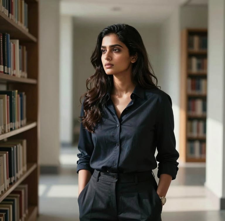 A sharp, high-end editorial portrait of Kirti Dikshit in a sunlit, minimalist architectural library, deep shadows, looking thoughtful, vertical composition.