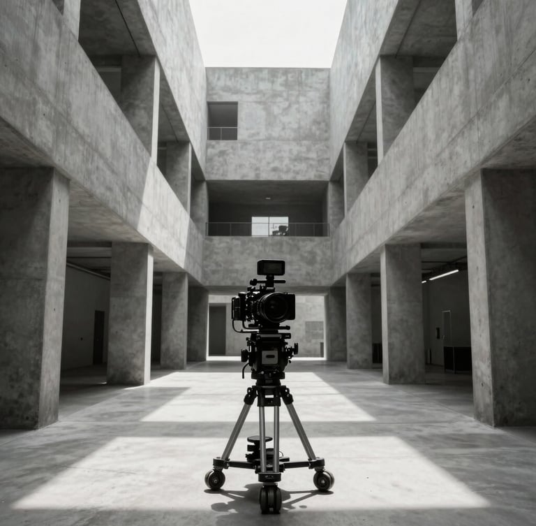 Symmetrical wide shot of a high-end camera rig on a professional film set inside a modern concrete commercial building, dramatic architectural shadows, sharp low-key lighting, polar-white highlights.