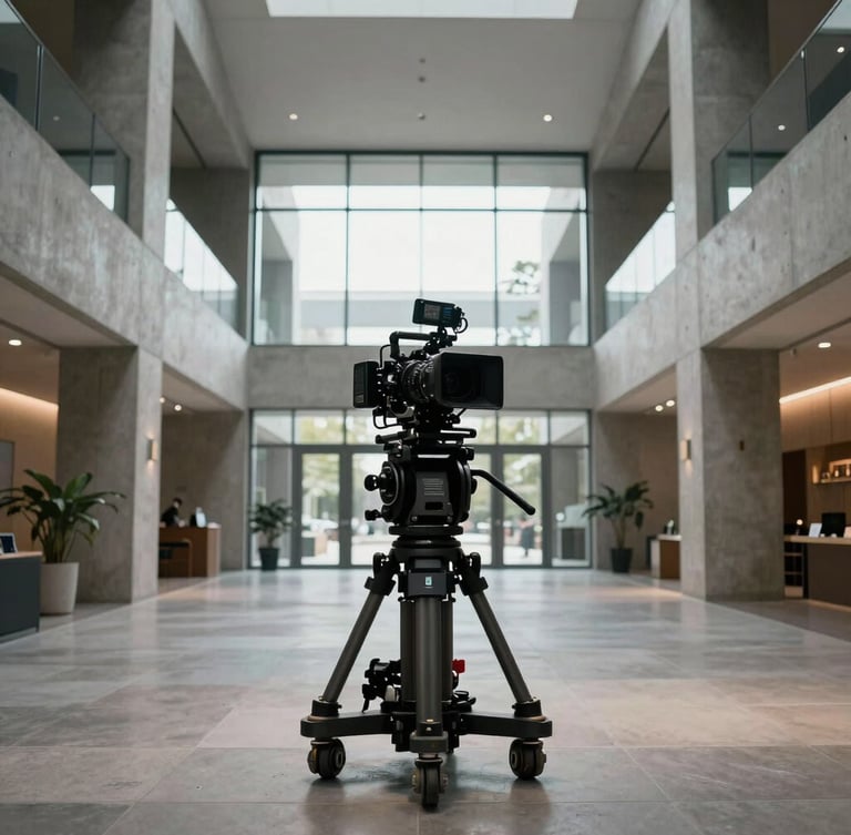 Wide symmetrical shot of a high-end commercial film set inside a modern concrete and glass lobby, a professional camera rig on a dolly, dramatic low-key architectural lighting