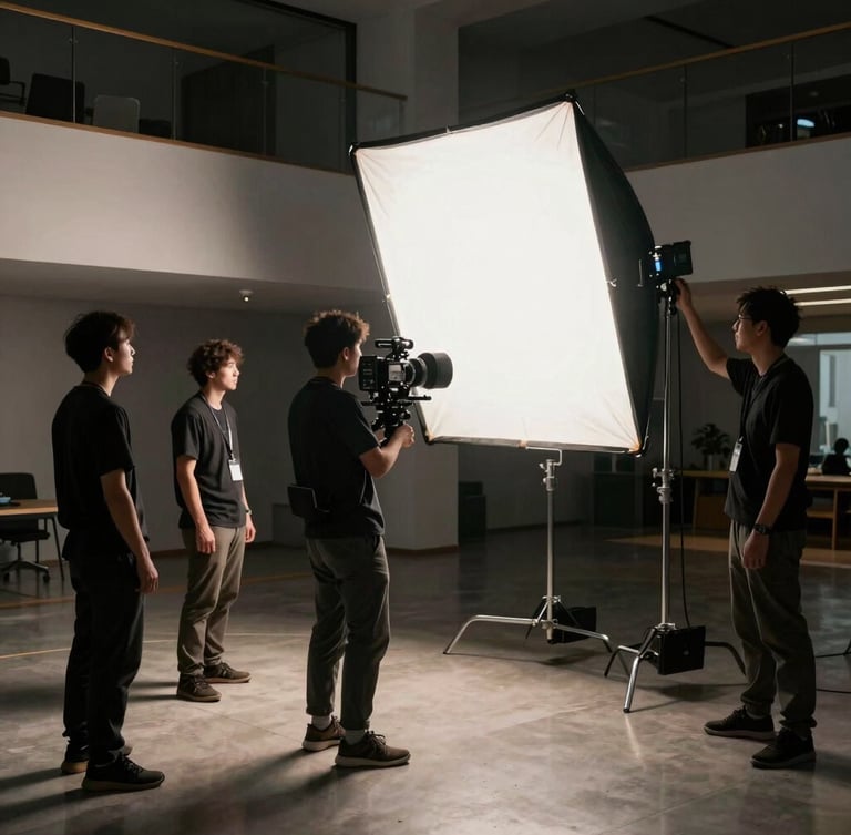 Low-key interior shot of a professional film crew adjusting a large lighting setup in a modern architectural space, dramatic shadows.