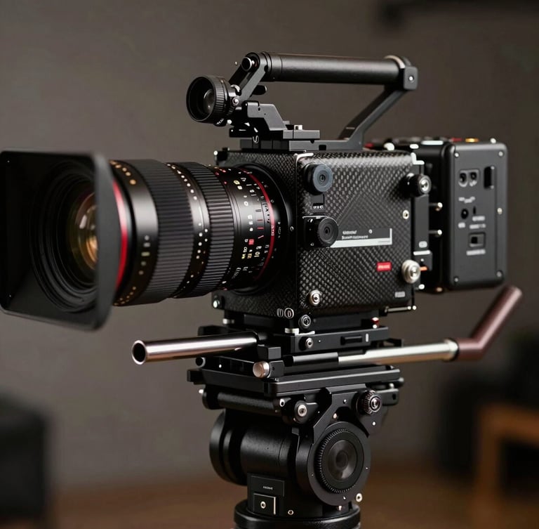 Extreme close-up of a high-end cinema camera rig mounted on a heavy stabilizer, low-key lighting reflecting off matte black metal and carbon fiber, shallow depth of field