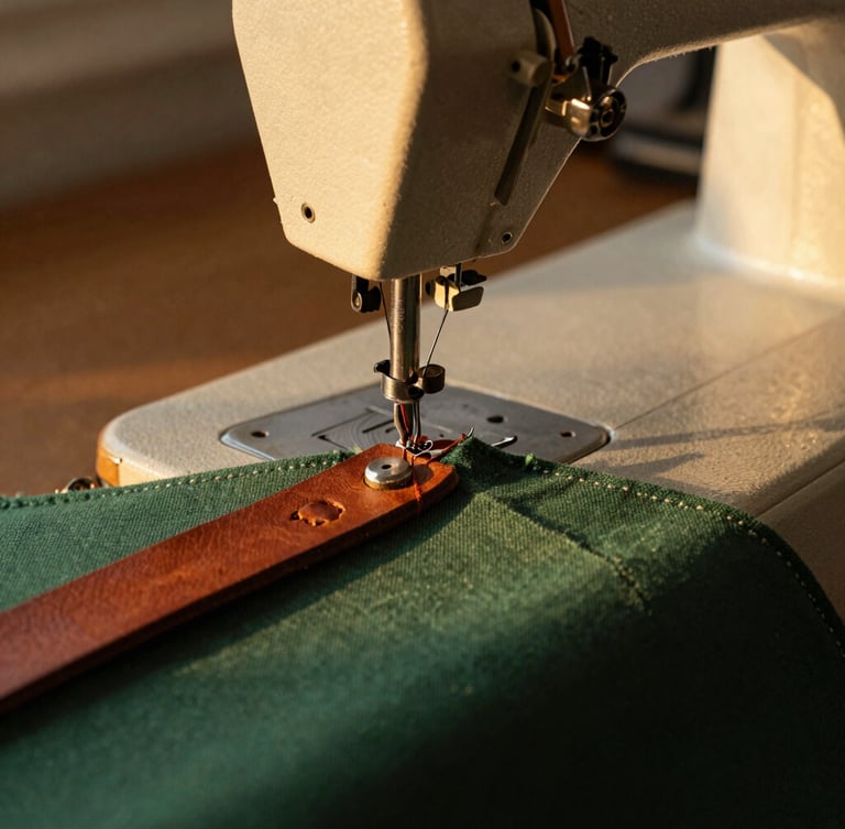 Extreme close-up of a heavy-duty sewing machine stitching a thick leather strap onto forest green duck canvas, warm golden-hour side lighting.