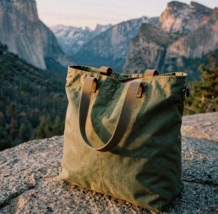 Close-up of a rugged forest green canvas tote bag resting on a granite boulder, golden hour light highlighting the heavy stitching, Yosemite valley in the soft-focus background, medium format film style.