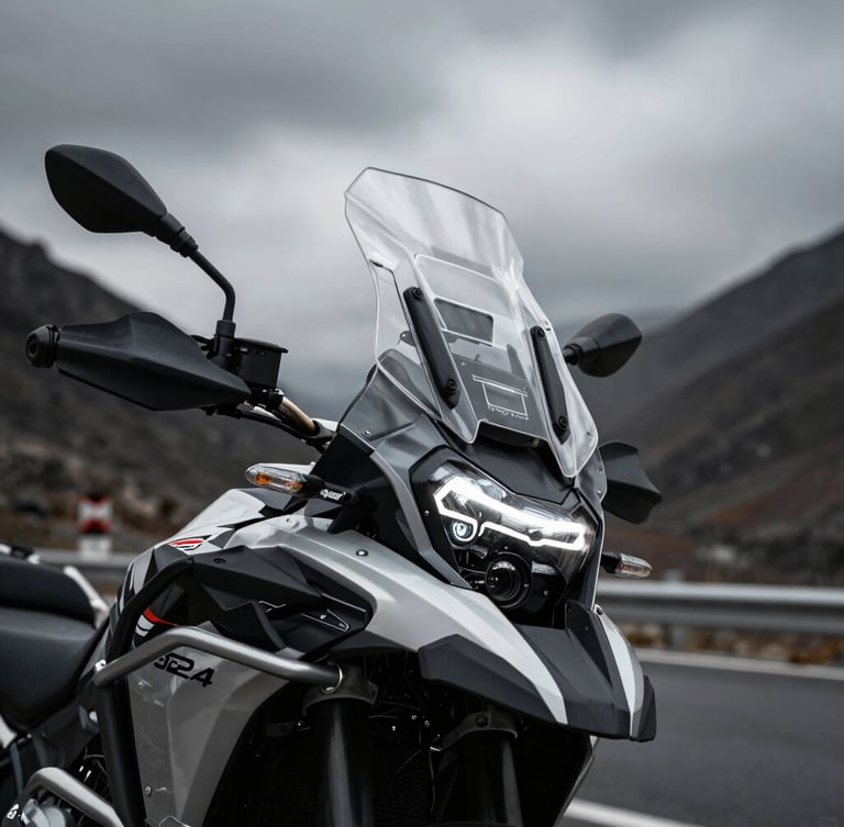 Low-angle close-up of a thick 4mm clear acrylic windshield mounted on a premium adventure motorcycle, dramatic overcast mountain pass, high-contrast desaturated tones, sharp focus, 35mm lens.