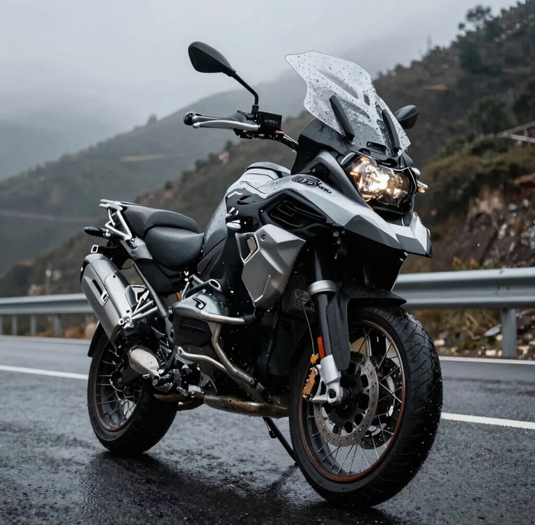 Low-angle dramatic shot of a BMW R1250GS parked on a wet mountain highway, showing a thick optically clear custom windshield with water droplets, overcast dramatic lighting, rugged look.