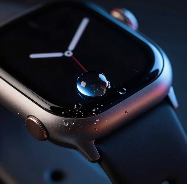 Extreme macro crop of smartwatches showing metallic textures, glass reflections, and water resistance droplets, moody studio product photography, high-contrast neon rim lighting, deep shadows