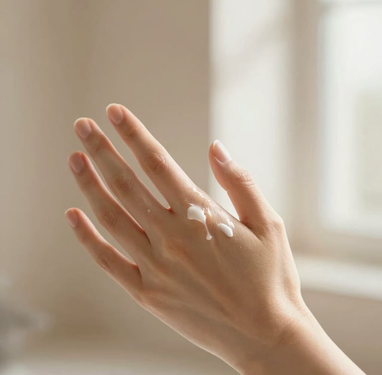 Soft close-up of glowing skin with a delicate hand applying a rich, velvety cream, warm morning light, shallow depth of field, 35mm