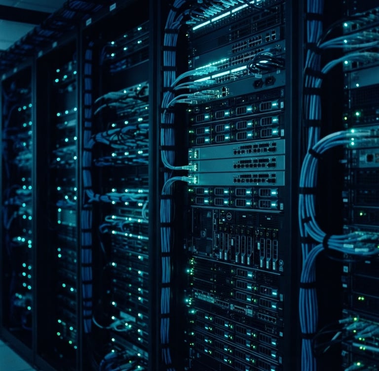 Sleek server racks with glowing cyan indicator lights, clean network cable management, cool-toned technical blueprint aesthetic, 35mm