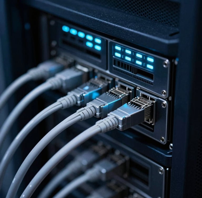 Close-up of server hardware, clean network cables, cool-toned low-key studio lighting, sharp focus, macro detail