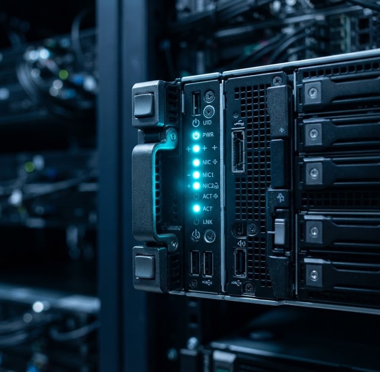 Macro shot of a high-performance server blade with glowing cyan LED indicators, dark navy background, sharp focus, 35mm