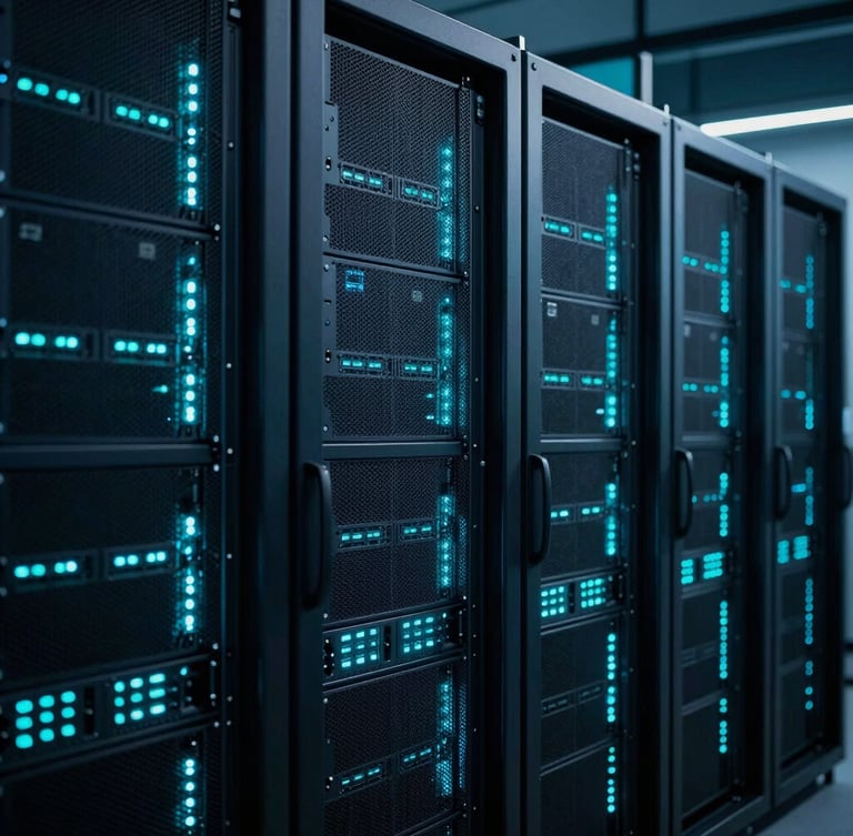 Wide environmental data center view in Finland, cool-toned low-key studio lighting with sharp neon cyan accents, 35mm