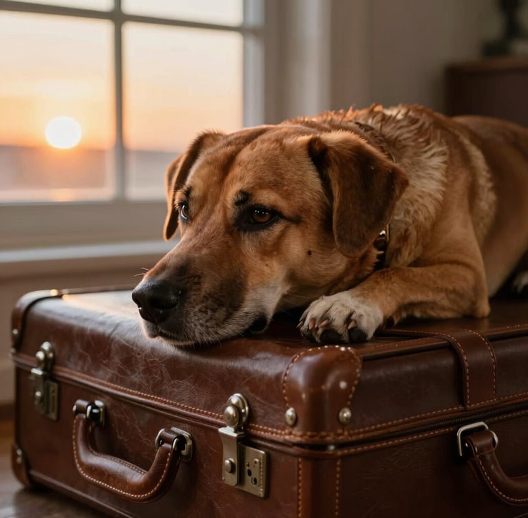 Un perro de perfil descansando su hocico sobre una valija de viaje de cuero marrón, luz cálida de atardecer entrando por una ventana, enfoque íntimo a la altura de los ojos, texturas claras de pelaje y equipaje.