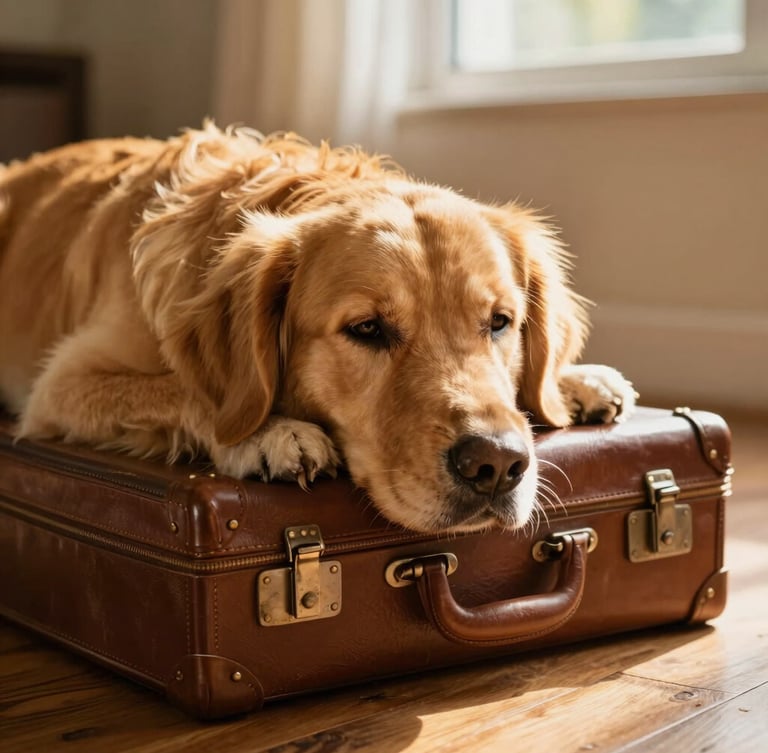 Intimate eye-level shot of a golden retriever resting its chin on a packed leather suitcase on a warm wooden floor, soft golden hour light filtering through a window, capturing rich textures of fur and travel gear.