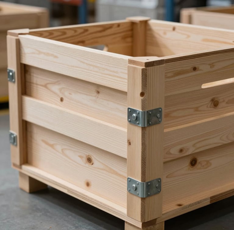 A sharp macro shot of heavy-duty custom-engineered wooden crates with secure steel seals inside a clean, modern warehouse