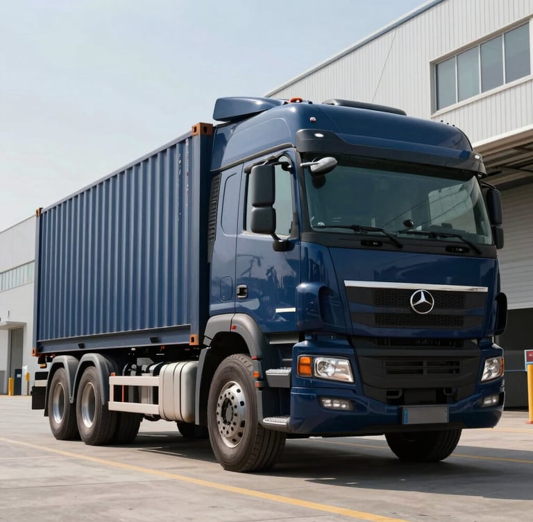 Low-angle heroic shot of a heavy-duty navy blue container truck parked outside a modern logistics terminal under crisp daylight