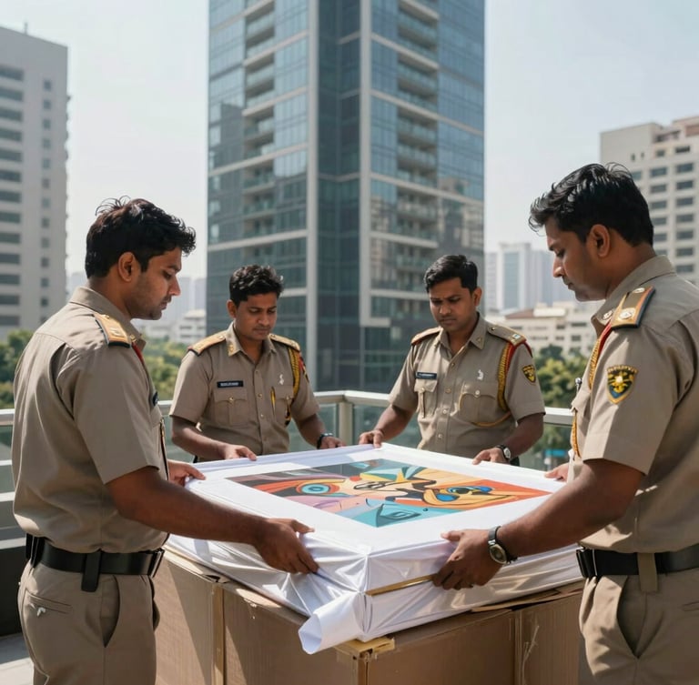 Uniformed logistics team precision-wrapping a high-value art asset inside a modern Mumbai high-rise apartment, crisp daylight.