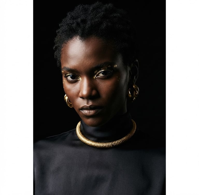 Dramatic high-contrast portrait of a model in sharp studio lighting, deep shadows, rich gold highlights, crisp medium format lens, minimalist composition