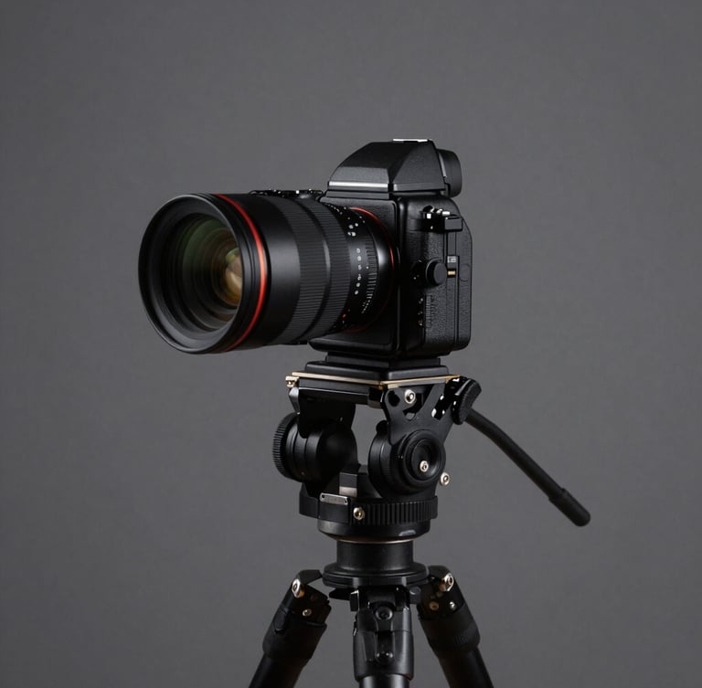 A professional photographer adjusting a high-end medium format camera on a heavy studio stand, dramatic side lighting, crisp focus, minimalist grey background