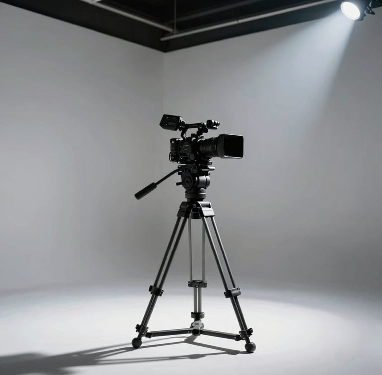 Behind-the-scenes creative direction in a spacious white studio, a professional camera on a heavy tripod, dramatic light shafts cutting through the space