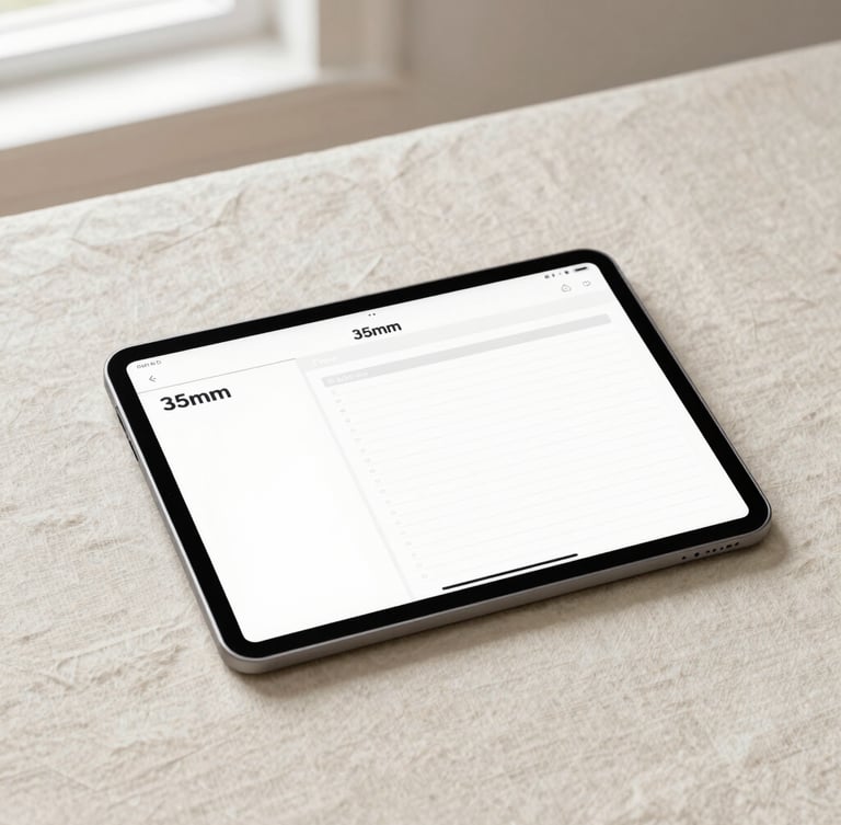 Sleek tablet resting on a neutral cream linen surface, displaying a gorgeous digital planner mockup, soft natural side lighting, minimalist workspace, 35mm