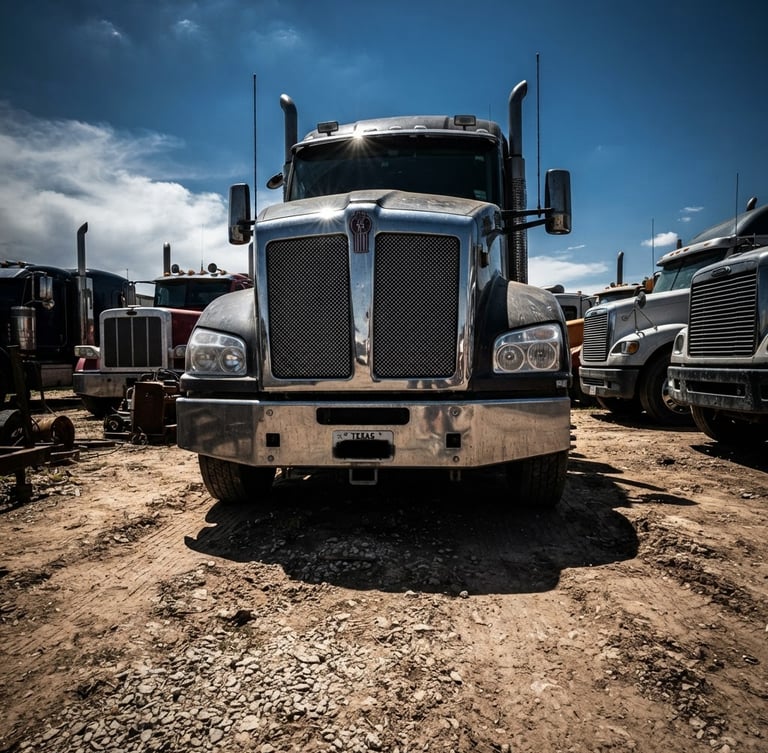 Low-angle dramatic shot of heavy-duty commercial trucks parked in a dusty Texas yard, harsh bright sunlight reflecting off chrome grills and steel bumpers, high-contrast shadows.