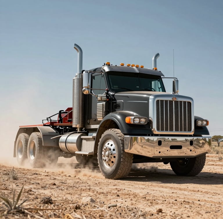 Low-angle shot of a heavy-duty dually truck kicking up dust on a dry Texas ranch, harsh bright sunlight, metallic reflections