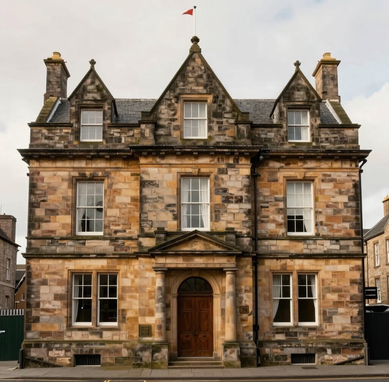 Straight-on architectural elevation of a grand Scottish sandstone building with restored masonry under soft overcast daylight, 35mm editorial photography