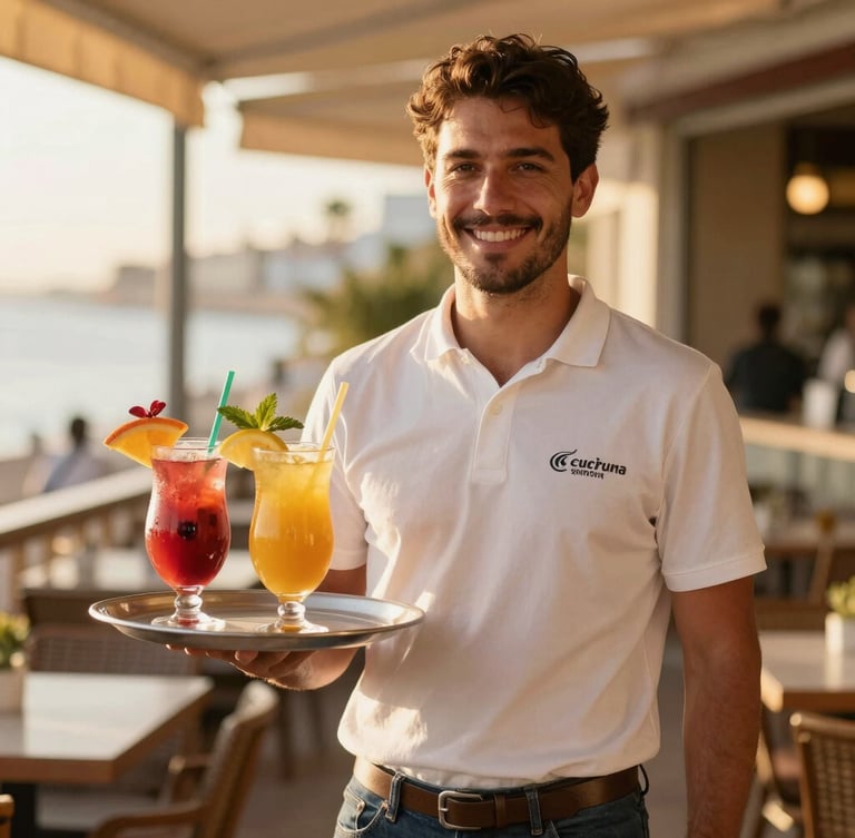Warm editorial portrait of a smiling Spanish waiter serving colorful fresh tropical juices on a sunny outdoor terrace, golden hour sunlight, shallow depth of field, 35mm.
