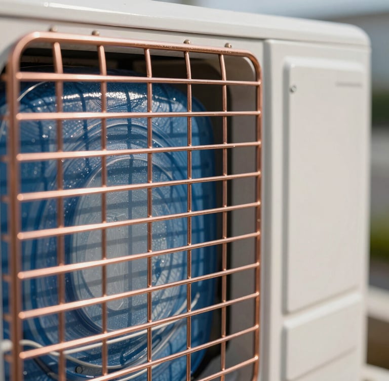 Tight macro shot of clean copper lines and blue-coated condenser coils on a modern outdoor AC unit, midday coastal sun reflecting off the metal.