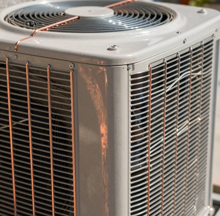 A close-up macro shot of clean copper lines and heavy-duty aluminum fins of an outdoor condenser unit, harsh midday Florida sun reflecting off the metal, sharp focus.