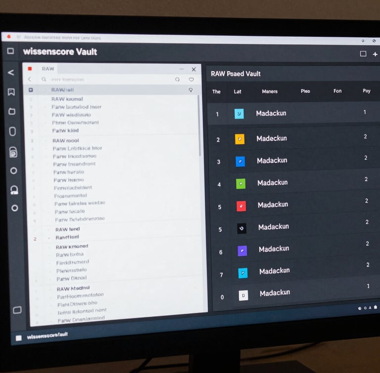 High-fidelity UI screenshot of the wissenscore Vault structure, displaying RAW read-only files on the left and structured Markdown outputs on the right, cool technical lighting.